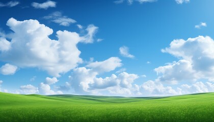 Fototapeta premium Breathtaking landscape of lush green fields under serene blue sky with fluffy white clouds