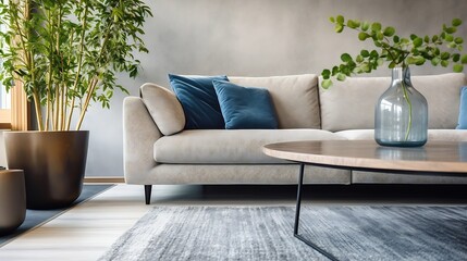 Chic mid-century modern luxury aesthetics living room with gray velvet couch and blue rug : Generative AI