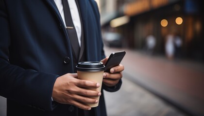 Close up of a businessman networking and typing sms on smartphone outdoors with take away coffee - obrazy, fototapety, plakaty