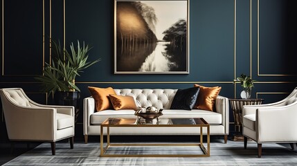 Luxury living room in art deco style. Dark gray walls. White sofa, an armchair with cushions and a wooden coffee table with glass top : Generative AI - obrazy, fototapety, plakaty