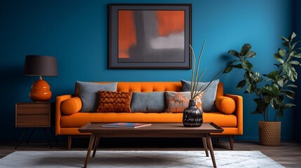 Interior design of harmonized living room with brown sofa, blue commode, coffee table, mock up poster frame, decoration, carpet and personal accessories. Stylish home decor. Template. : Generative AI