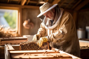 An Elderly Beekeper in protective suit works with honeycombs extracting honey - obrazy, fototapety, plakaty