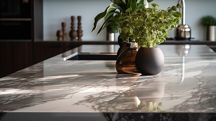 Modern high end luxury kitchen with marble work tops : Generative AI
