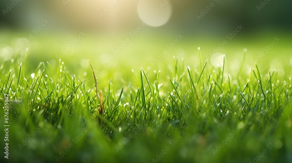 Poster fresh green grass field on blurred bokeh background close up, ears on meadow soft focus macro, beaut