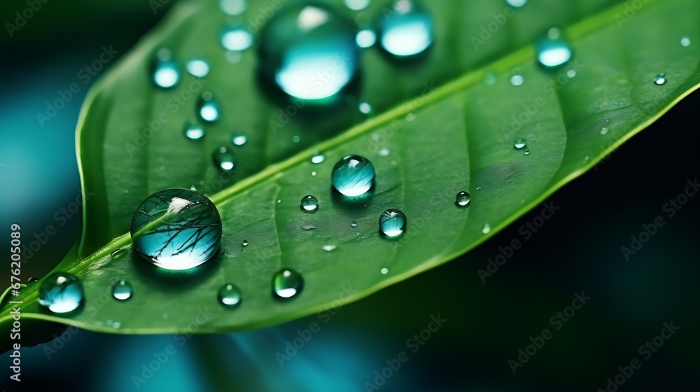 Poster large drop water reflects environment. nature spring photography — raindrops on plant leaf. backgrou