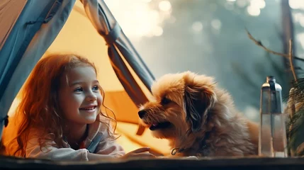 Fotobehang Close up of little girl child sitting in camping tent near sleeping dog and looking at bonfire near forest in morning. Campfire, burning wood in summertime. Camping vibes and outdoor l : Generative AI © Generative AI