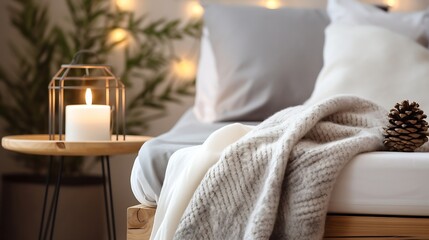 Close-up of grey blanket and cushions on bed with wooden bedhead in bedroom interior with lamp, plant and armchair : Generative AI