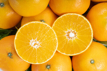 Close up, Fresh Orange fruit on white background, Japanese Ehime Orange with slices isolate on white background.