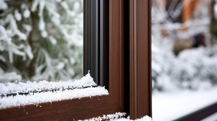 brown PVC window close-up during snowy weather. cozy indoors protected with good quality windows while keeping warm air inside the house. triple-glazed PVC : Generative AI