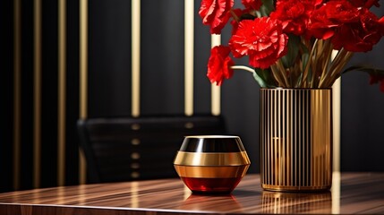 Part of modern art deco style dining room interior with golden striped vase and red flowers :...