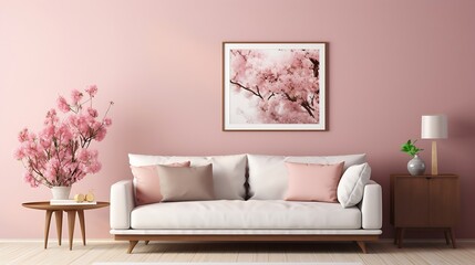 Warm and cozy living room interior with mock up poster frame, modular sofa, wooden coffee table, vase with dried flowers, pillows, armchair, pink wall and personal accessories. Home de : Generative AI