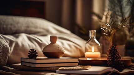 Liquid home fragrance in diffuser with open paper book on coffee table in bedroom indoors close up over scented candle. Cozy and hygge atmosphere. Aromatherapy. Apartment living. Winte : Generative AI - obrazy, fototapety, plakaty