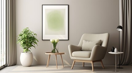 Stylish composition of living room interior with mock up poster frame, round table, gray armchair, beige lamp, books, modern vase with green flowers and personal accessories. Home deco : Generative AI
