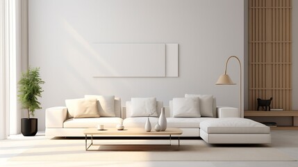 Fototapeta na wymiar super white simple clean and stylish interior with modern furniture in nude color and contrasting black elements. luxury design of a large bright room living room : Generative AI
