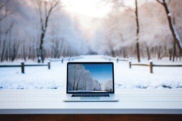 Laptop with blank screen in house and winter season. Generative AI