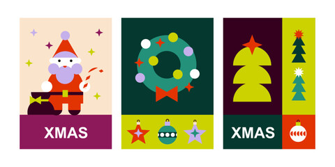 Set of colored Christmas cards in the style of simple abstract shapes. Collection of New Year banners with fir wreaths, champagne, tree, gifts, balls for congratulations. Cartoon vector illustration.