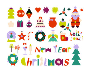 Set of decorative abstract colored Christmas elements and symbols. Collection of New Year icons for the decoration of postcards, stickers, invitations in cut out style. Cartoon vector illustration