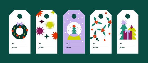 Set of New Year labels for decorating gifts. Collection of Christmas cards with gifts, a green tree, snowflakes, balloons, a wreath, stars in the style of abstract cut out shapes. Vector illustration.