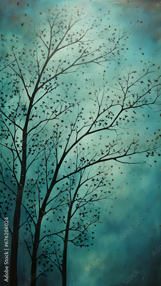 Poster a teal tree, its branches reaching up towards a gradient sky of teal and blue. the juxtaposition of 
