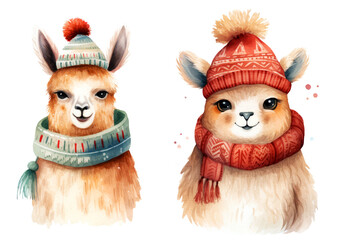 Fototapeta premium Christmas Llama Wearing a knitted scarf and a winter hat, Christmas Knitted Painting Watercolor Clipart isolated on Transparent Background.