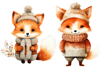 Christmas Fox Wearing a knitted scarf and a winter hat, Christmas Knitted Painting Watercolor Clipart isolated on Transparent Background.