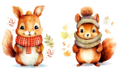 Christmas Squirrel Wearing a knitted scarf and a winter hat, Christmas Knitted Painting Watercolor Clipart isolated on Transparent Background.