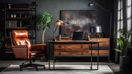 Stylish composition of modern masculine home office workspace interior design with black industrial desk, brown leather armchair, pc and stylish personal accessories