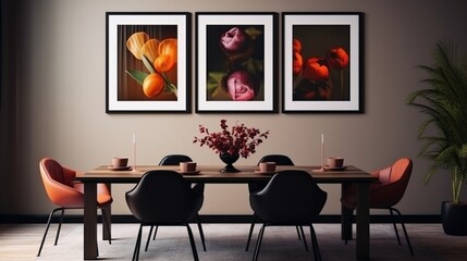 Stylish dining room interior with design wooden family table, black chairs, teapot with mug, mock up art paintings on the wall and elegant accessories in modern home decor. Template
