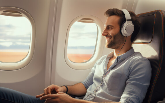 Happy Man Passenger Sitting On Business Class Luxury Plane Headphones In His Ears To Listen Music. Concept Travel By Airplane.