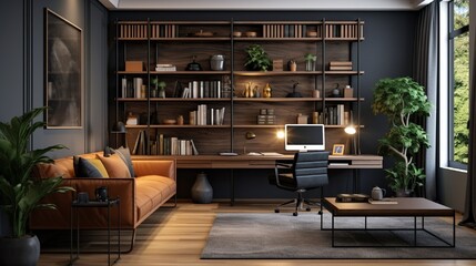 Stylish home office interior with sofa and comfortable workplace