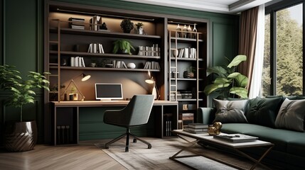 Stylish home office interior with sofa and comfortable workplace