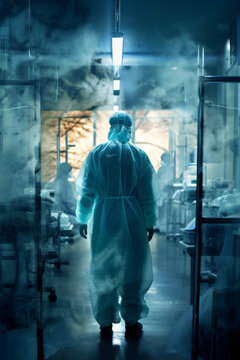 A doctor in an open white hallway observing smoke in a medical room, utilizing double exposure to convey detailed scientific subjects with teal accents.