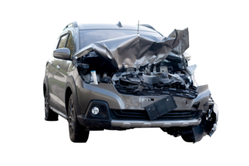 PNG File,Front and side of new bronze car get damaged by accident on the road. damaged cars after collision. isolated on transparent background, car crash bumper graphic design element