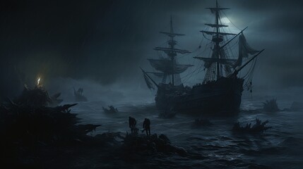 a bone-chilling scene of a spectral shipwreck in a foggy, moonlit bay, with ghostly figures on deck - obrazy, fototapety, plakaty