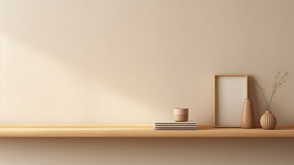 Versatile shelf wood beige tone light with plant pot and empty picture frame background for presentation product