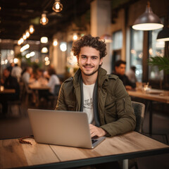 Portrait of a smiling young man using laptop while sitting in cafe,Generative AI