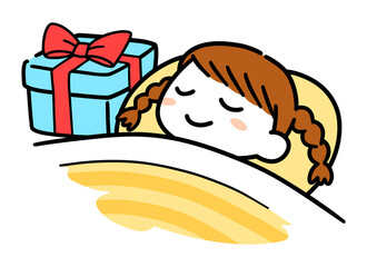 眠っている女の子の枕元に置かれたクリスマスプレゼント