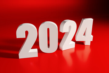 3D Render White Bold 2024 New Year on Red Background