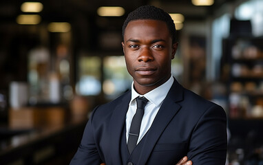Fototapeta premium A dark-skinned 30-year-old businessman stands in the office. Successful mature boss working inside modern office building.