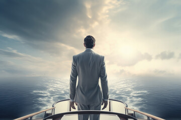 young businessman standing on a boat - obrazy, fototapety, plakaty