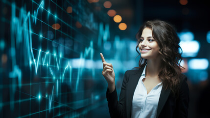 Business woman hand pointing with Technology Abstract Background. Successful businesswoman Concept. Generative Ai.