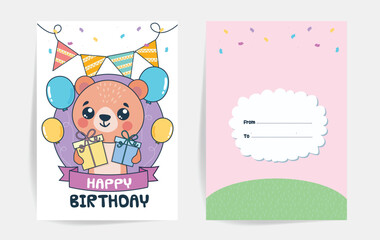 Cute Birthday inviting card with cute little teddy bear  with Birthday gifts, birthday decors, baloons. Printable A5 size invitation.