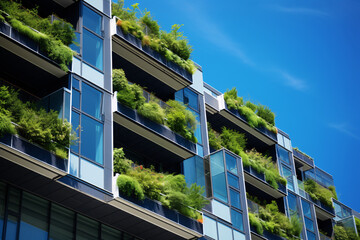 Eco-friendly building in the modern city. Sustainable glass office building with tree for reducing carbon dioxide. Office building with green environment. Corporate building reduce CO2.