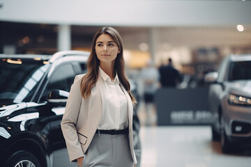 Professional luxury car saleswoman in luxury showroom. Auto dealership office. Car dealer business. Smiling woman in showroom. Expensive car. Automotive industry. Luxury car agent.