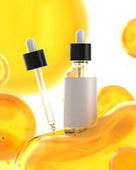 Cosmetic serum Bottle 3d Render For product presentation mock-up. Golden Bubble background.