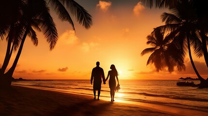 Honeymoon travel, silhouette of romantic couple on sunset beach, tropical holidays near the sea, man and woman together on vacation