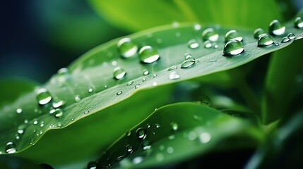 large water drops on a green leaf with a backdrop, in the style of photo-realistic landscapes, bio-art, abstract simplicity