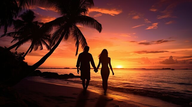 Honeymoon travel, silhouette of romantic couple on sunset beach, tropical holidays near the sea, man and woman together on vacation