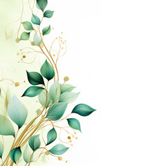 Watercolor floral illustration - leaves and branches wreath / frame with gold shape, for wedding stationary, greetings, wallpapers, fashion, background. Eucalyptus, olive, green leaves, etc.