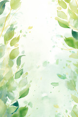 Abstract watercolor background with green eucalyptus leaves. Luxurious wallpaper. Banner with white background blue and green watercolor stains. Golden cherry leaves wall art with shiny light texture.
